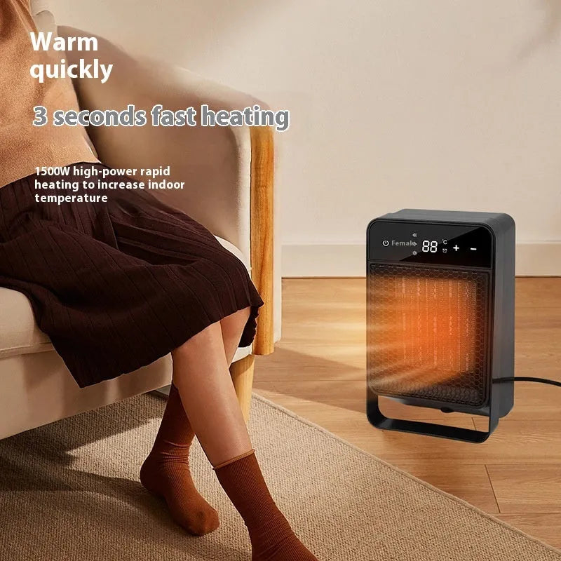 Black or white desktop electric heater with digital touch screen display and remote control on a wooden desk.