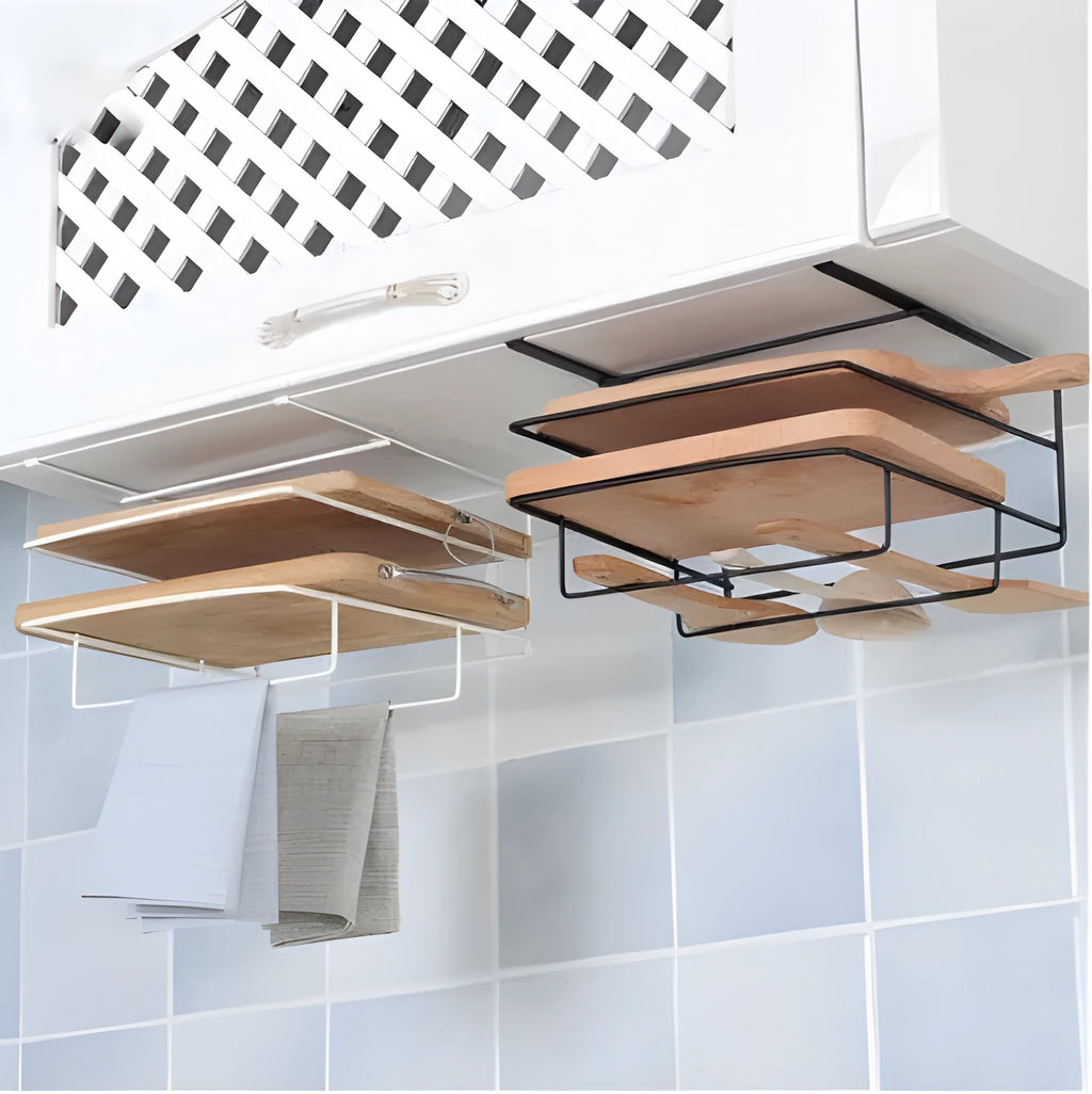 Double layer iron kitchen towel and chopping board rack hanging under a cabinet, black colour, nail-free installation