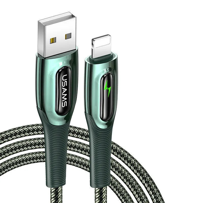 Black braided Lightning cable with intelligent power-off feature for iPhone 12 charging