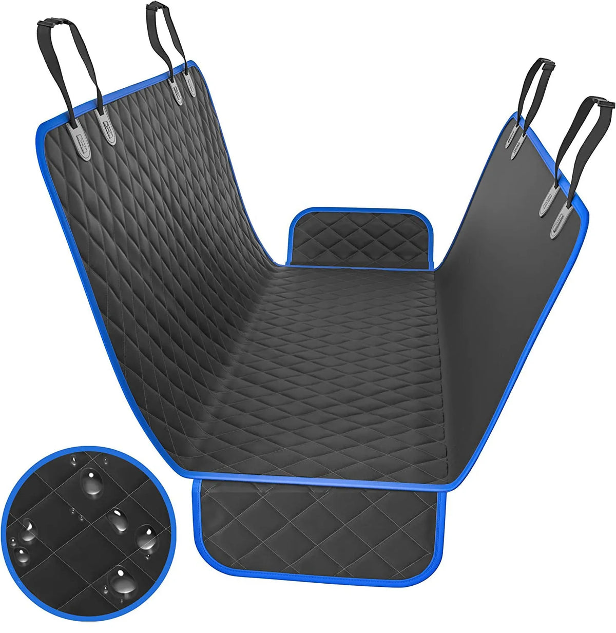 Waterproof cloth car pet kennel rear seat cushion in black measuring 137x147cm placed on a car back seat