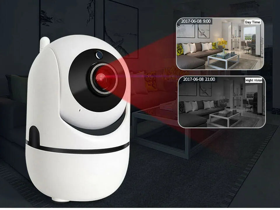 White 1080P WiFi CCTV IP camera with pan tilt lens on desk showing night vision mode