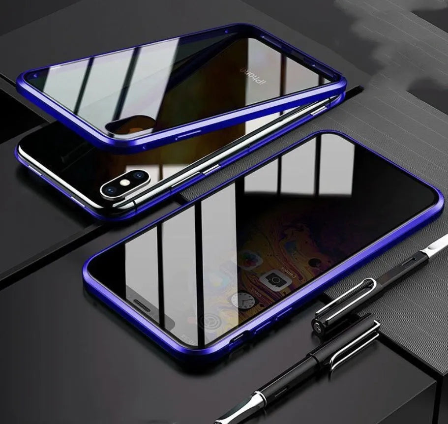 Glass anti-spy clamshell phone case for iPhone in six colour options: black, silver, red, gold, green, blue.