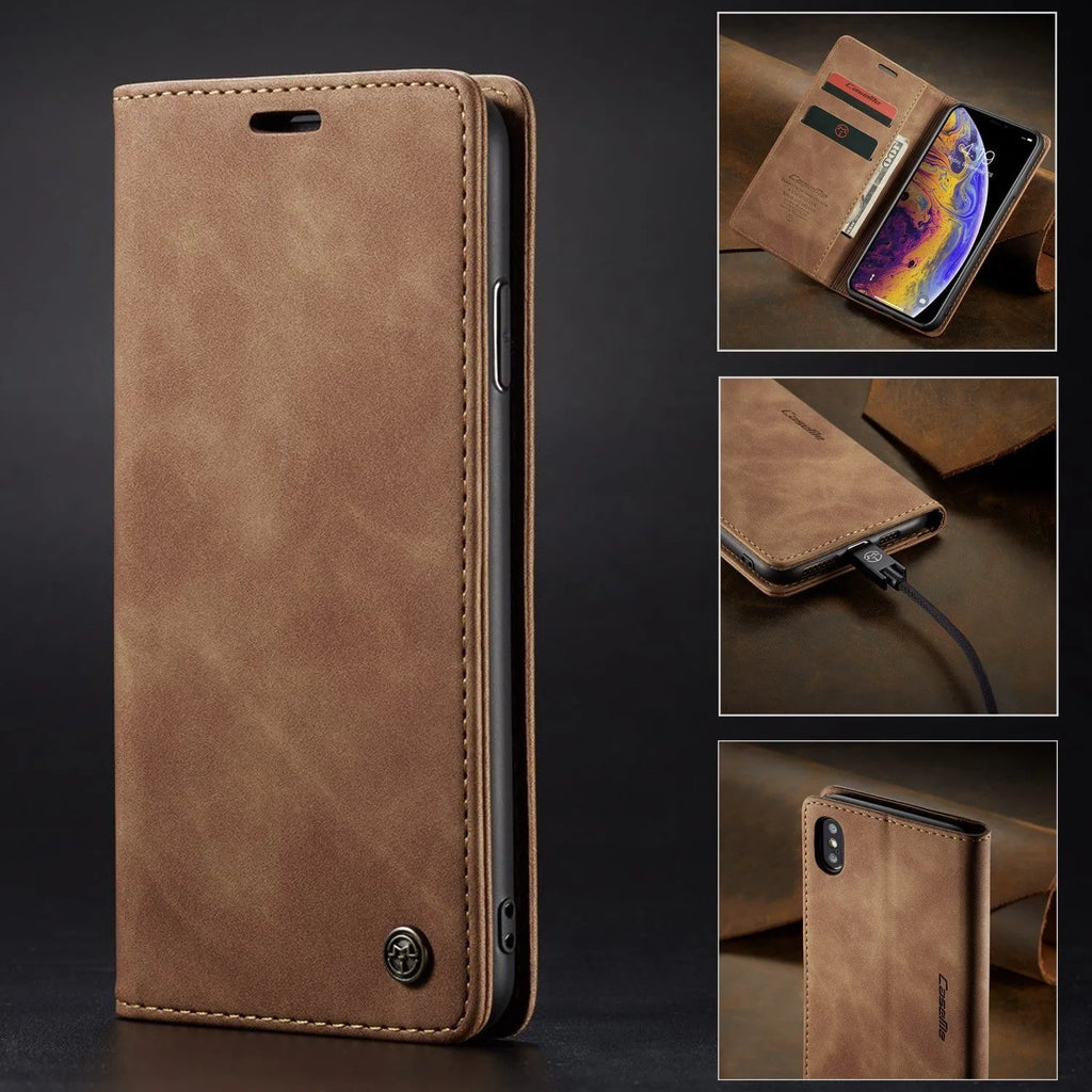 Imitation leather magnetic flip phone case with card holder for iPhone 14 in black