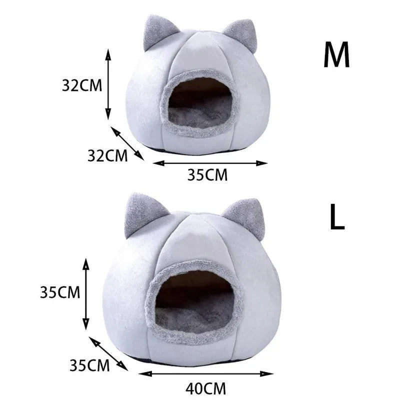 Grey closed cat nest made of Arctic velvet and short plush with a removable washable sleeping mat, available in L and M sizes