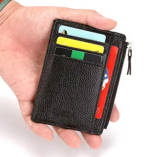 Men's PU leather wallet with magnetic snap closure in black, short square vertical shape with sewing line details