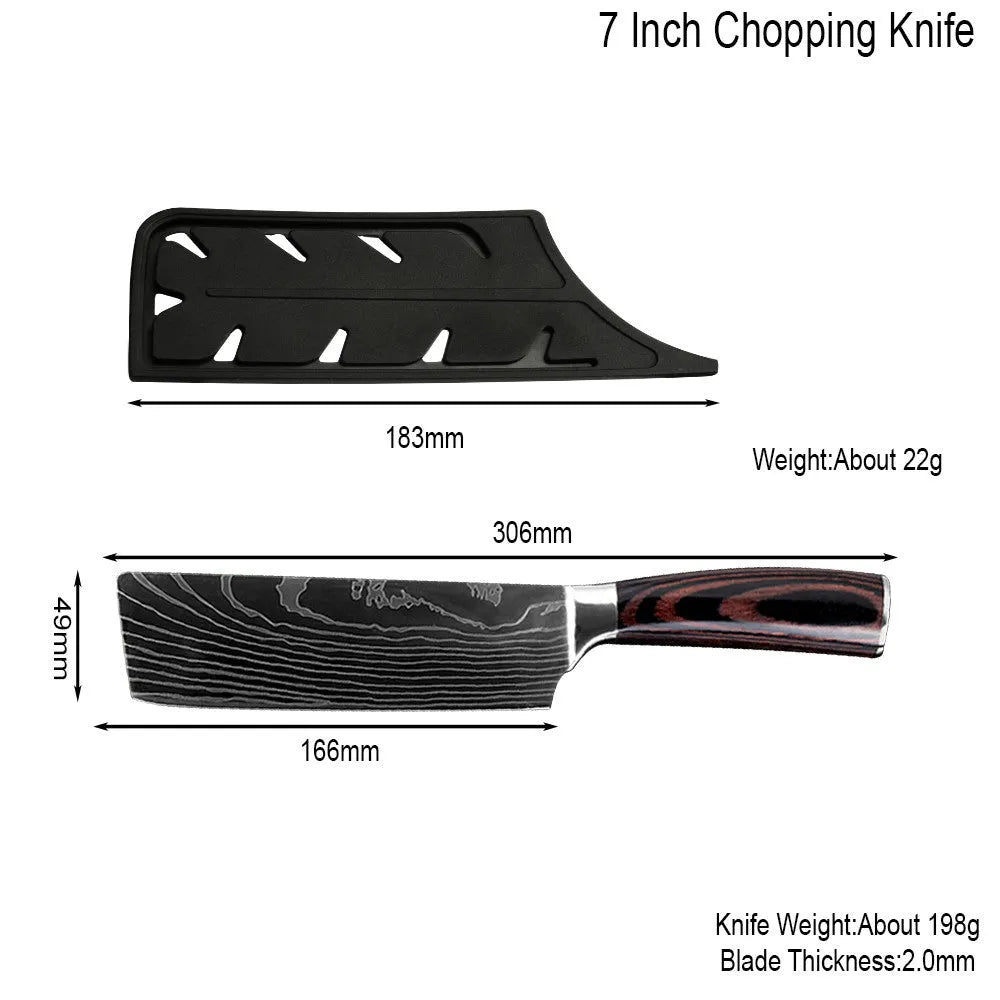 Seven-inch stainless steel multi-purpose chef knife on cutting board