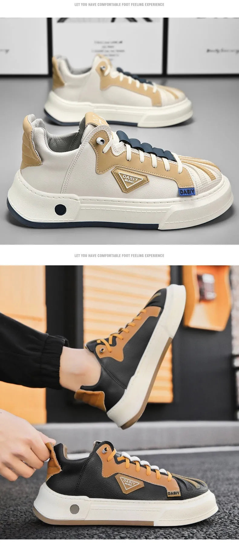 Men's beige and black casual sneakers with mesh lining and elastic band closure