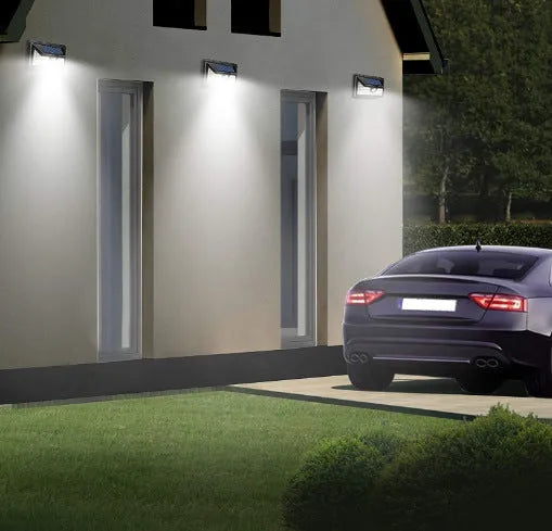 Black solar motion sensor light with monocrystalline solar panel for outdoor wall hanging installation