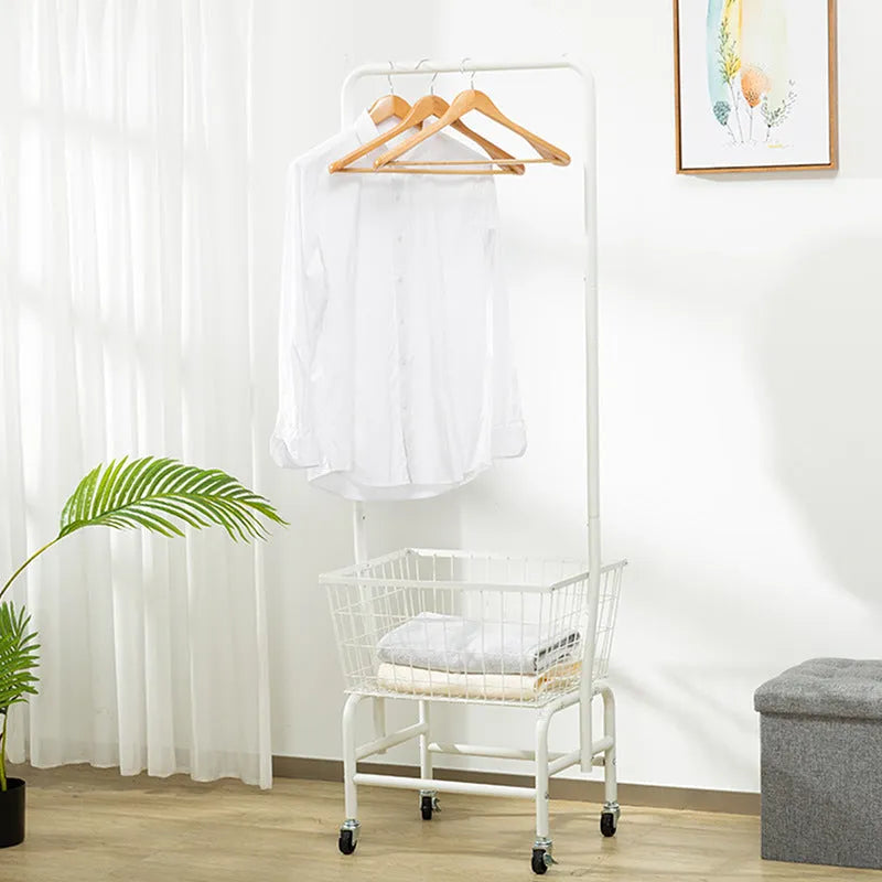 White iron pulley storage car with single rod for hanging clothes on wardrobe rail