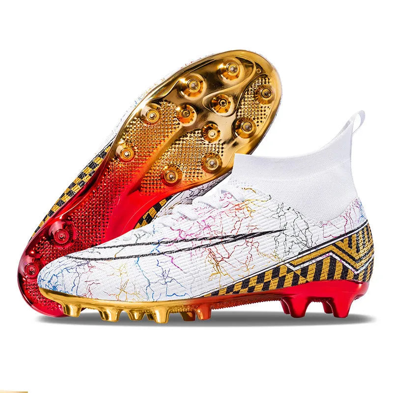 High-top football training shoes in mandarin duck colour with gold-plated PVC sole and lace-up closure