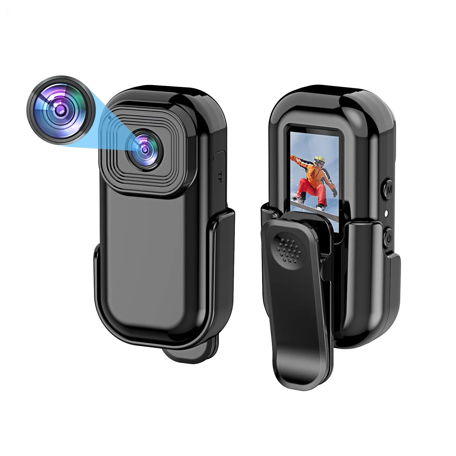 L8 Black outdoor sports camera with thumb hole and back splint, 1080p HD, plastic body 65x32.3x18mm
