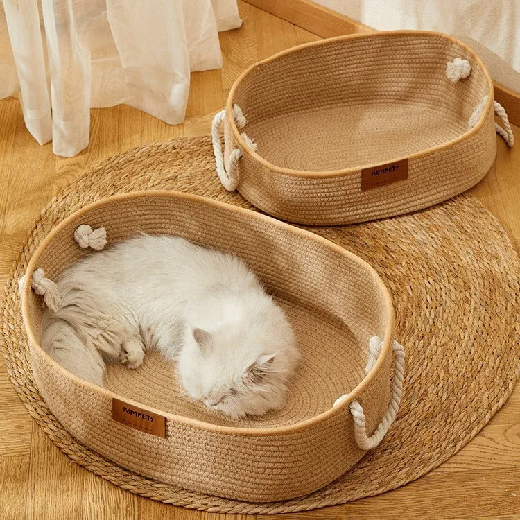 Woven cotton and linen cat nest in medium size with scratch resistant surface, suitable for all seasons