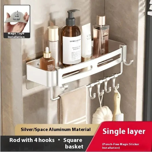 Gun grey punch-free wall-mounted bathroom corner storage rack with fan-shaped design