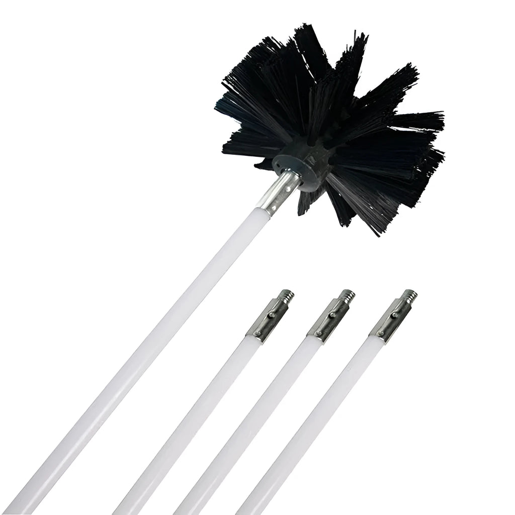 Dryer vent cleaning brush kit with 6 nylon rods, 100mm brush head, and galvanised wire bristles on white background