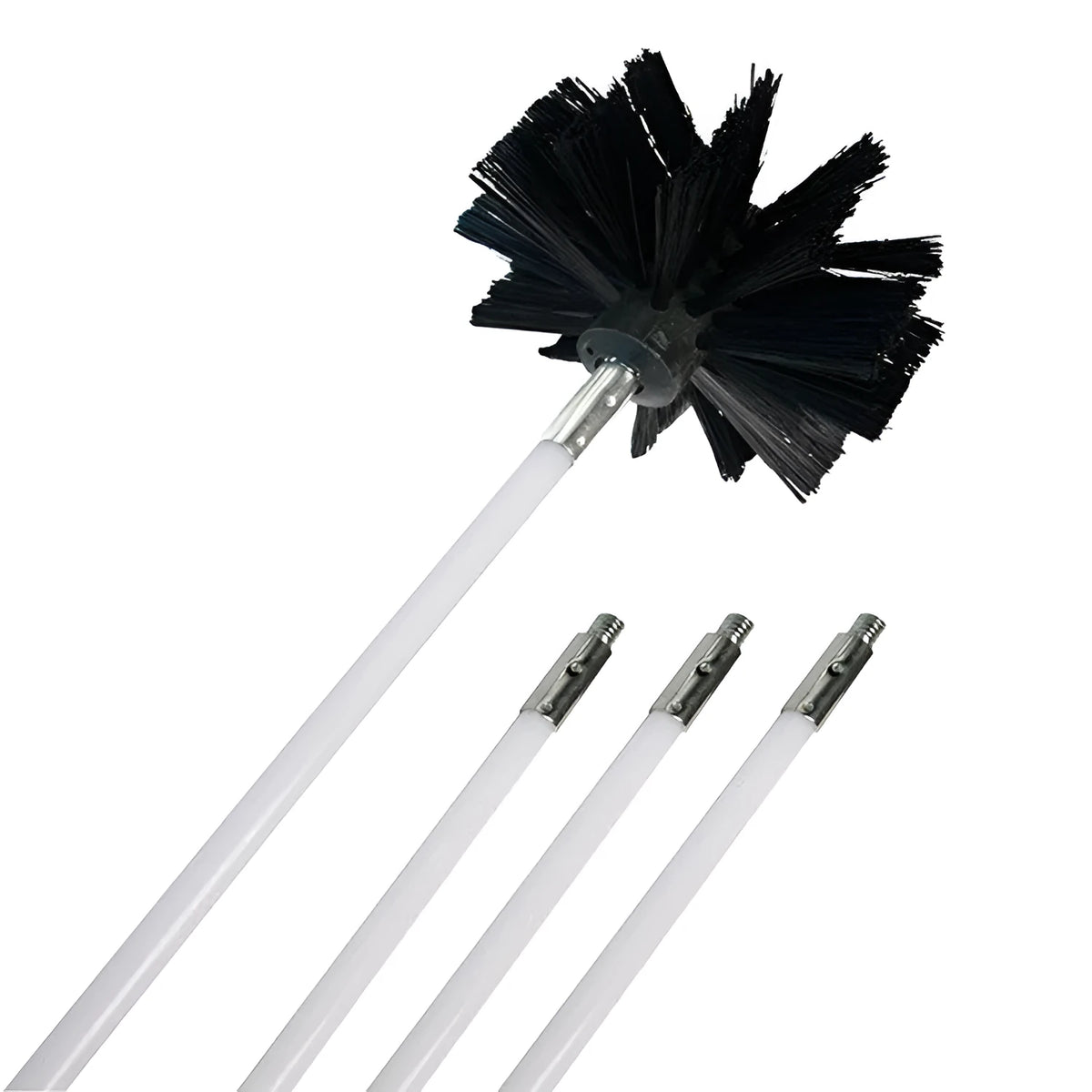 Dryer vent cleaning brush kit with 6 nylon rods, 100mm brush head, and galvanised wire bristles on white background