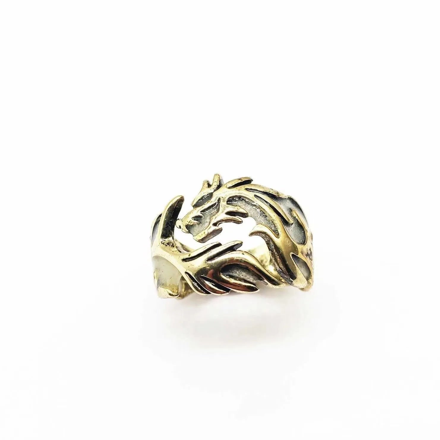 Adjustable Chinese dragon pattern ring in archaic silver blue and green with luminous detail