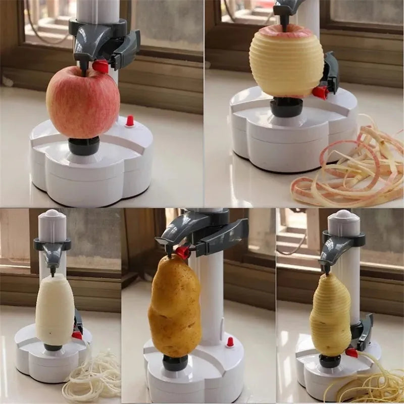 White electric fruit and vegetable peeler with stainless steel blades on plastic base