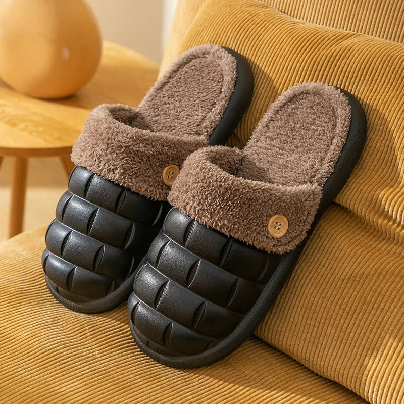Plaid detachable slippers for women with plush lining and EVA sole in pink, shown on a wooden floor.