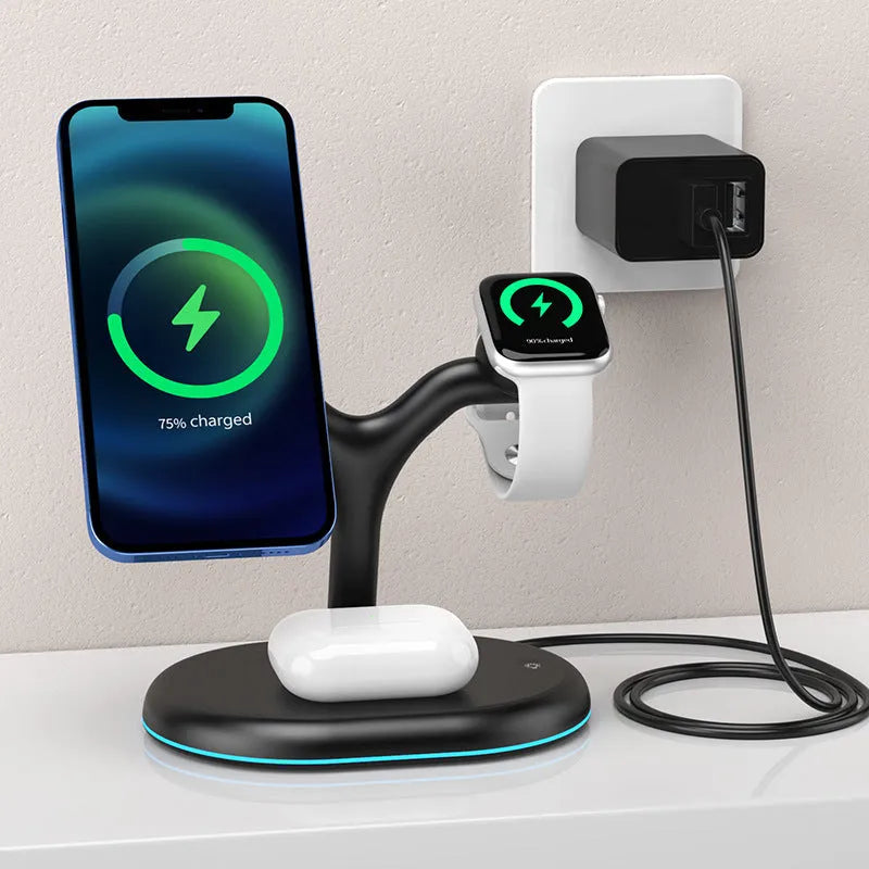Black magnetic three-in-one 15W fast wireless charging stand with vertical orientation for desktop phone charging