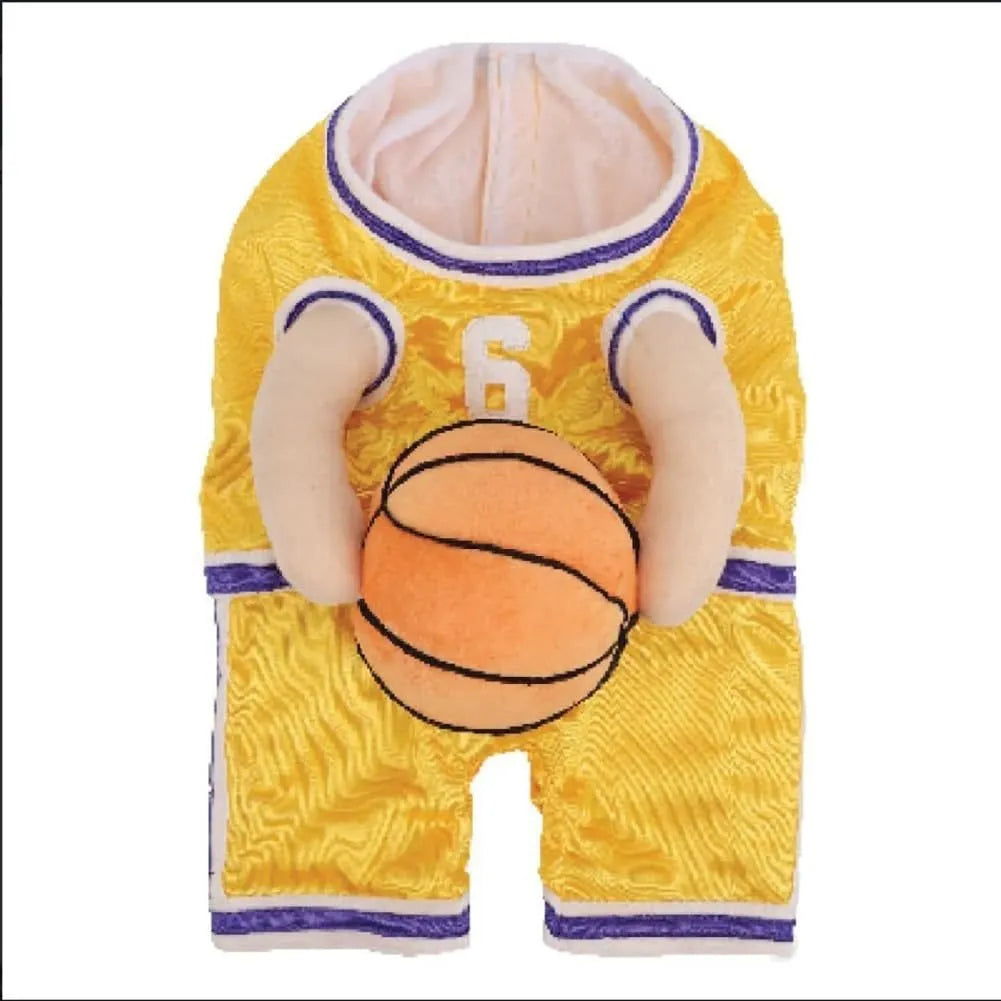 Red dog basketball costume with a ball next to a yellow version, shown in small, medium, and large sizes.