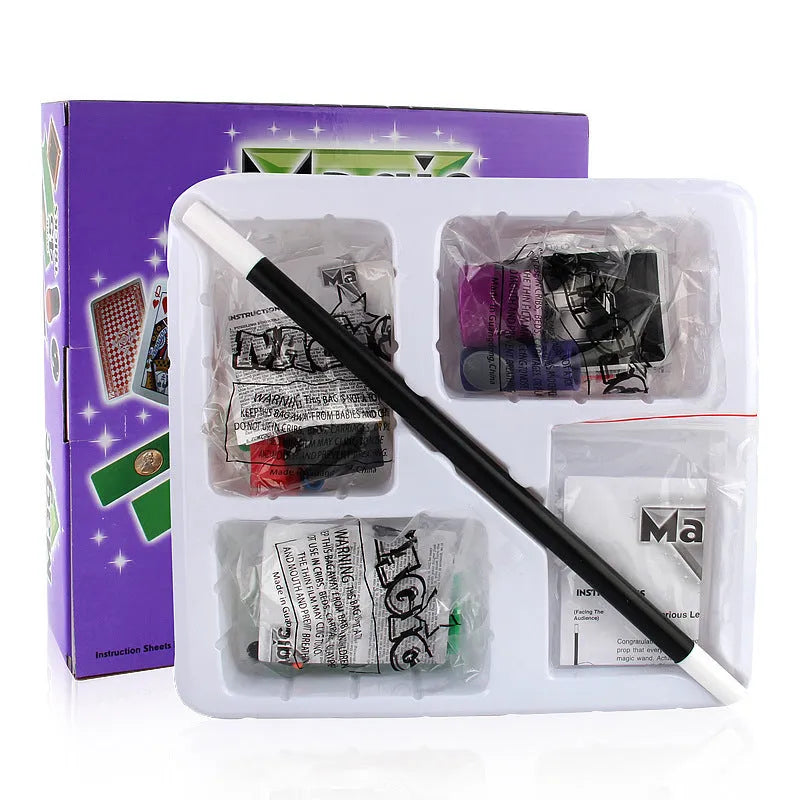 Purple and red magic prop set for children aged 3-7 years in cardboard carton packaging