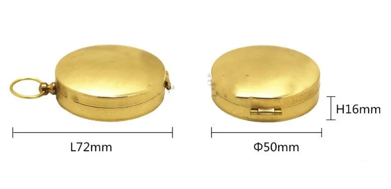Gold metal flip compass with open lid showing compass face, pocket watch style