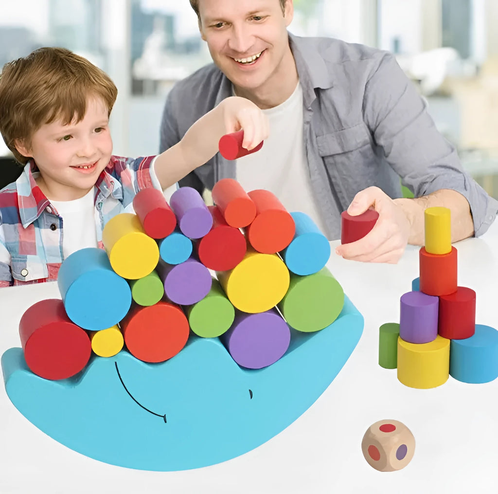 Yellow and blue wooden moon balance game toy for children ages 2-4 on white background