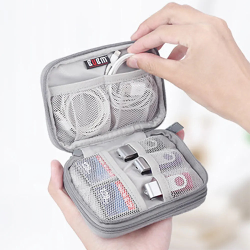 Polyester mobile hard disk storage bag in grey holds a 2.5-inch drive and data cables