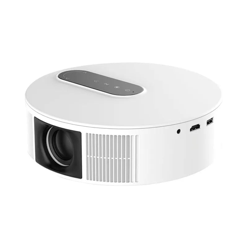 White smart HD home theatre projector with remote control on a wooden table.