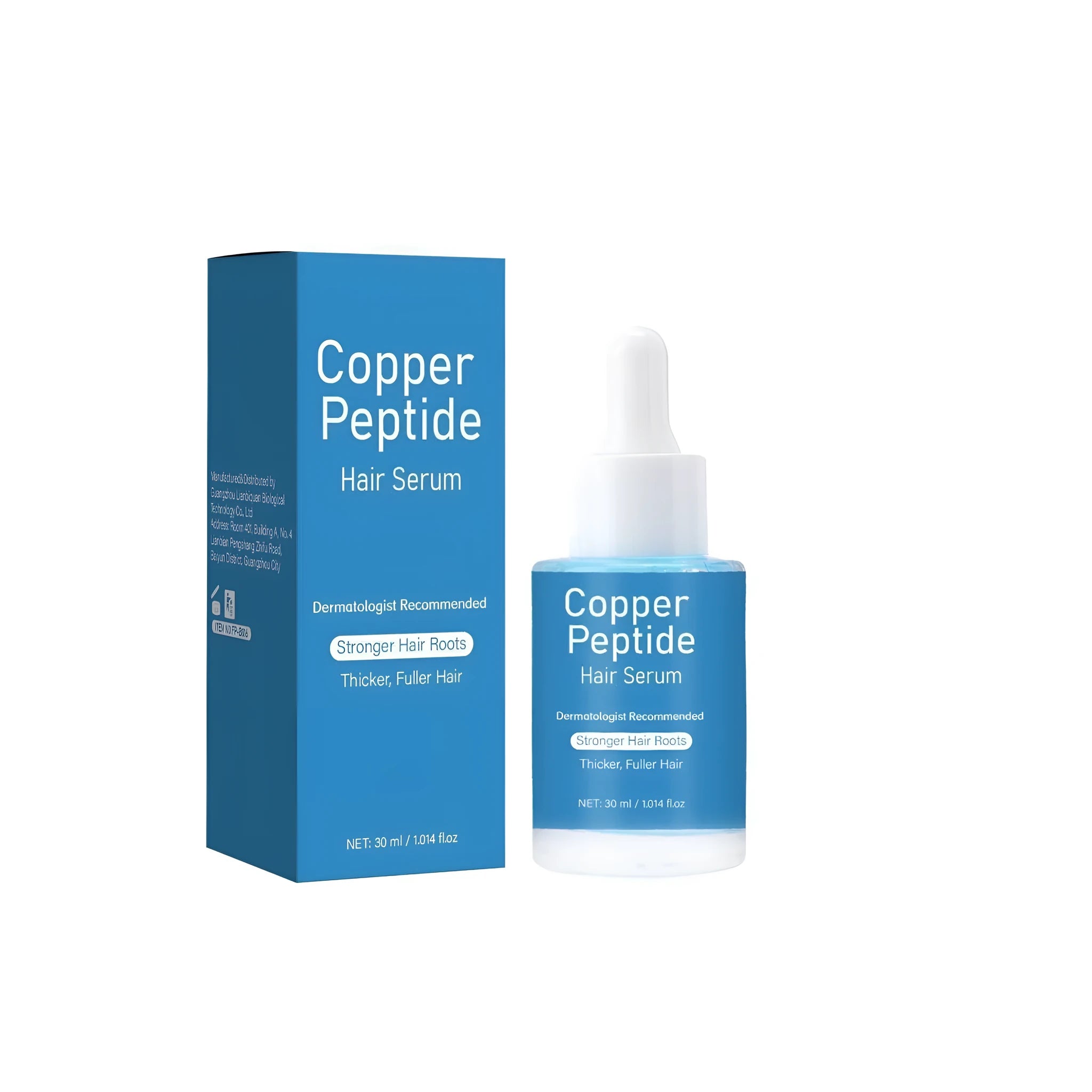 Copper peptide hair oil in a 38.5mm by 95mm glass dropper bottle, 30ml capacity.