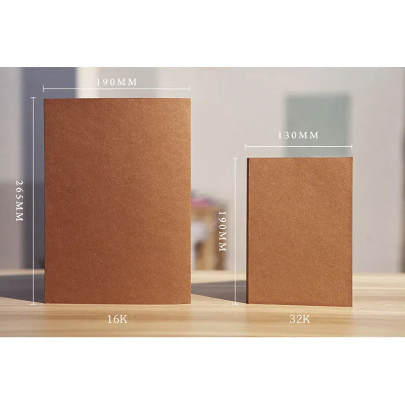 Brown and white kraft paper sketchbooks showing flat-lay wireless binding and open pages.