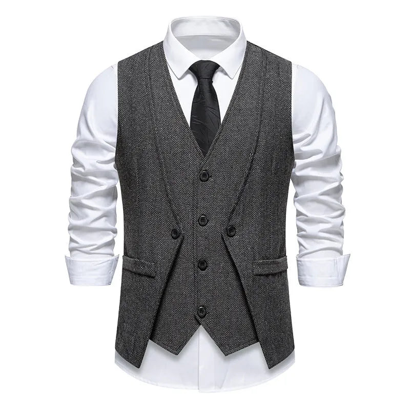 Retro fake two-piece formal vest for men, slim fit polyester, dark gray colour, front view