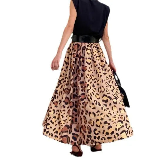 Brown leopard print women's long A-line skirt with a big hem, laid flat.