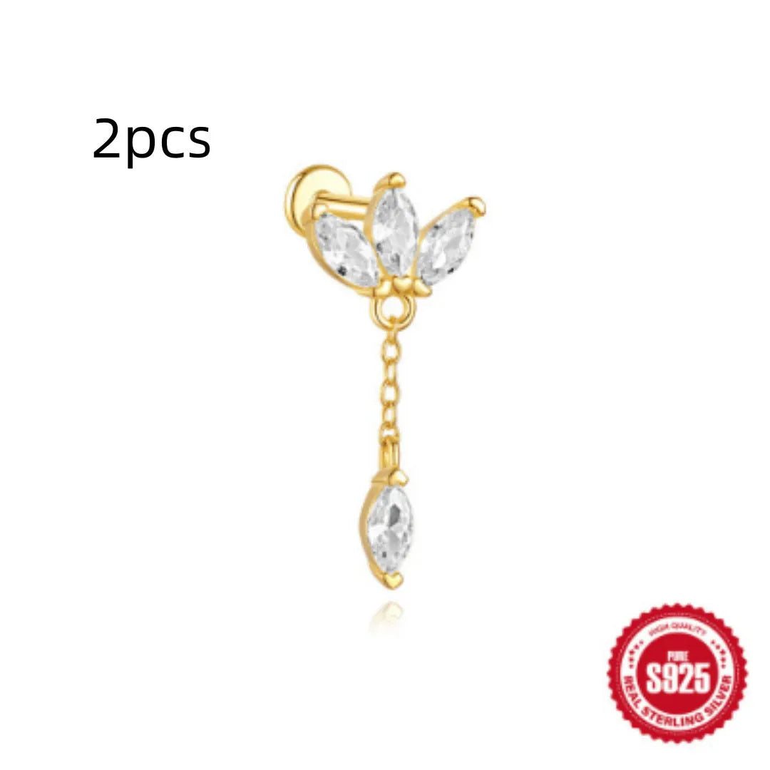 S925 sterling silver water drop shaped earrings with a flat spiral geometric design on a white background.