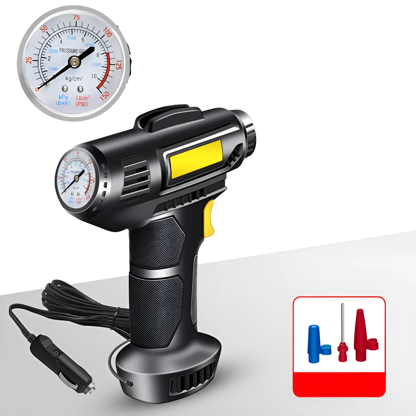 Black wireless electric tire air pump with digital display, showing dimensions and included USB cable and air nozzles.