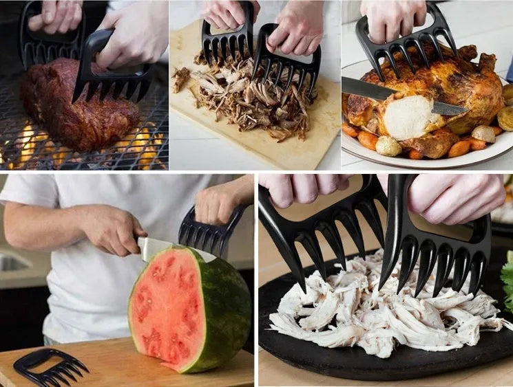 Black bear claw meat shredder utensil for pulling pork and chicken on a kitchen surface.