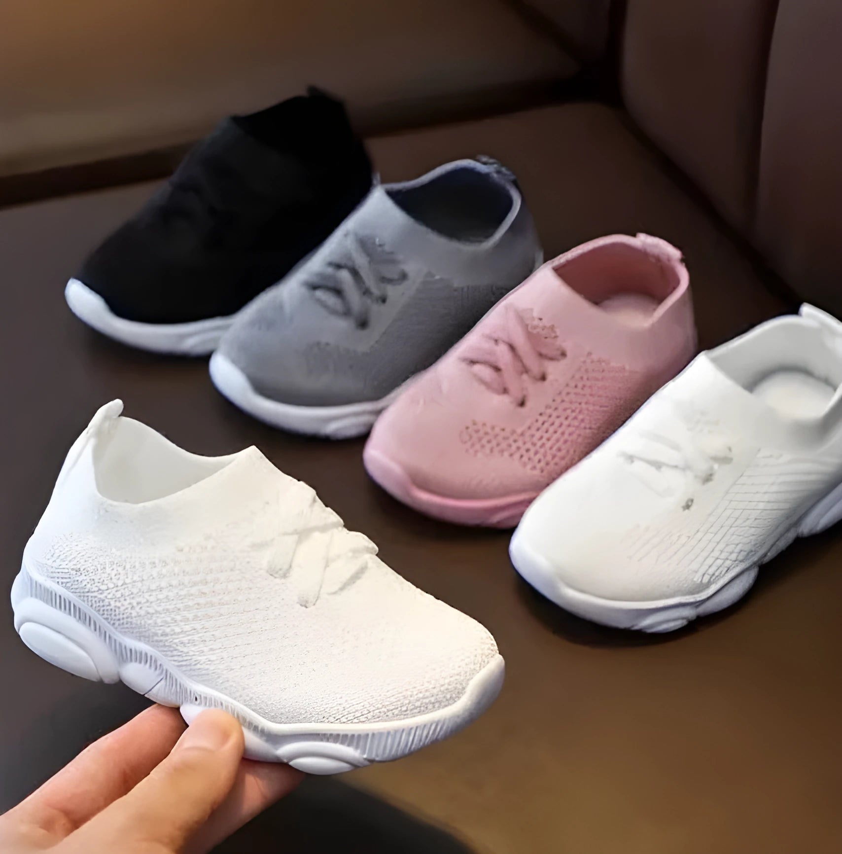 Children's fabric slip-on shoes with non-slip rubber soles in white, black, pink or grey colours