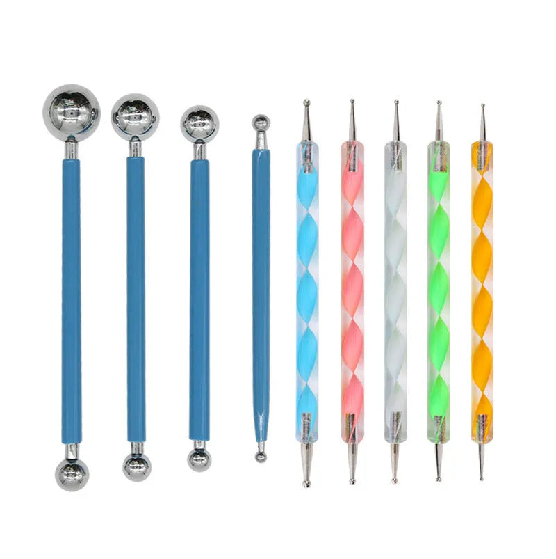 Six-piece pottery tool set with stainless steel, acrylic, and plastic tools in a blue pen bag.