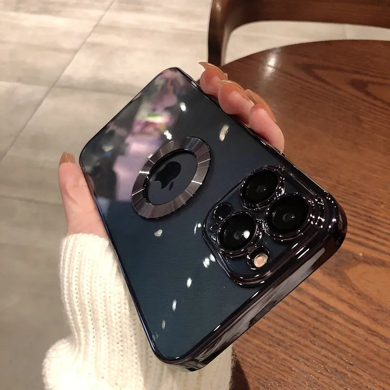 Transparent electroplated silicone iPhone case with built-in camera lens protector in multiple colour options.