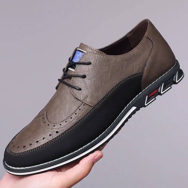Men's black leather slip-on loafer shoe with a rubber sole and visible stitching detail