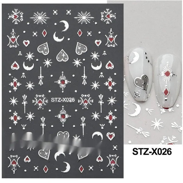 Black and silver stripe nail art sticker with a love pattern design on a plastic sheet.