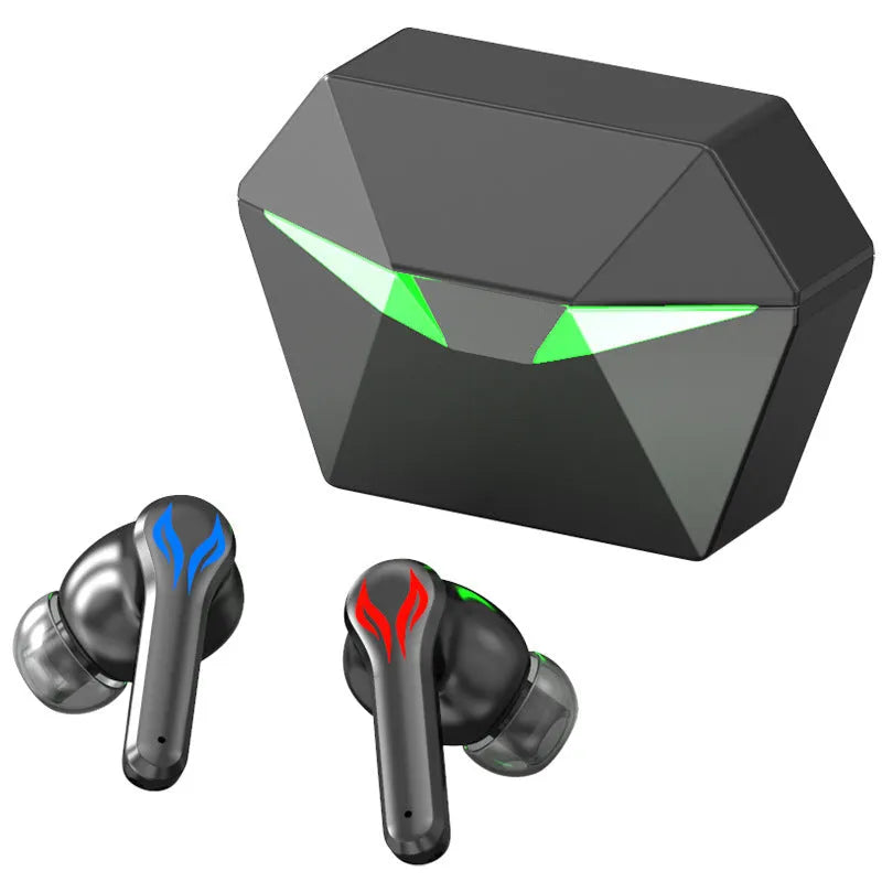 Black Bluetooth 5.0 wireless earbuds with active noise cancellation and charging case for gaming and sport