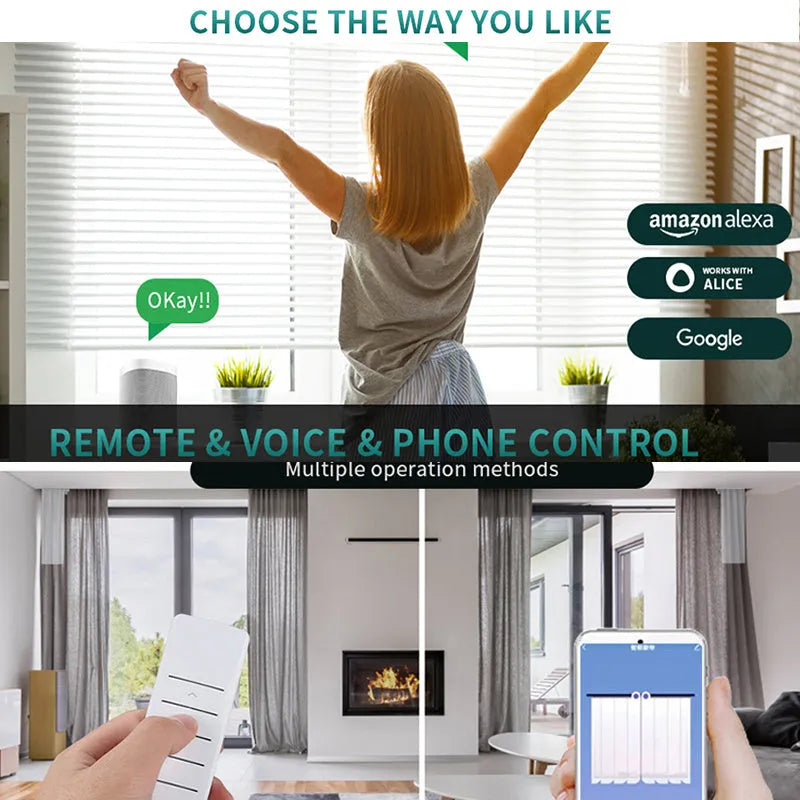 Duya smart electric curtain motor with remote control on aluminium track for home automation.
