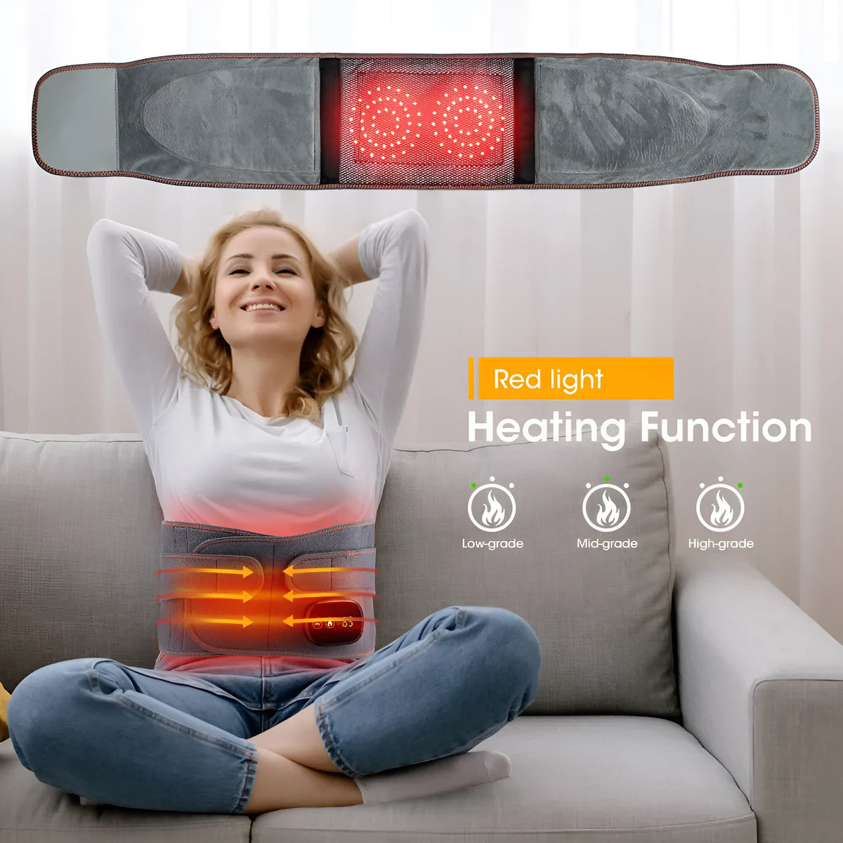 Electric heating massage belt in grey with adjustable wrap and USB cable