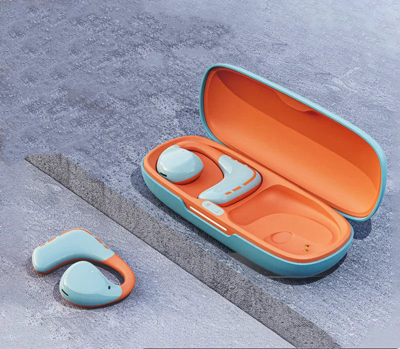 Blue orange mixed colour ear hook Bluetooth sports headset showing ear mounting design