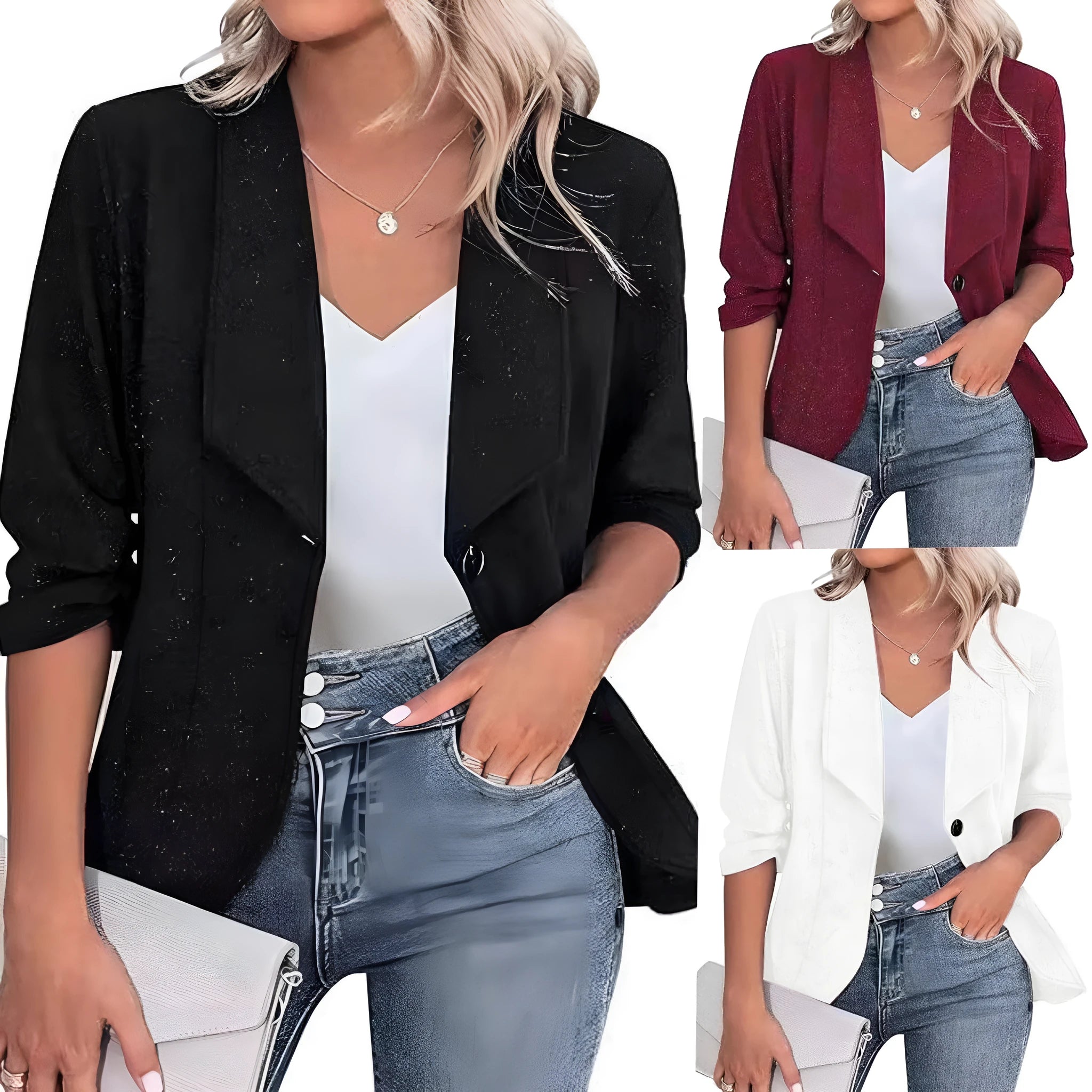 Slim-fit women's cardigan suit jacket in black, white or wine red polyester