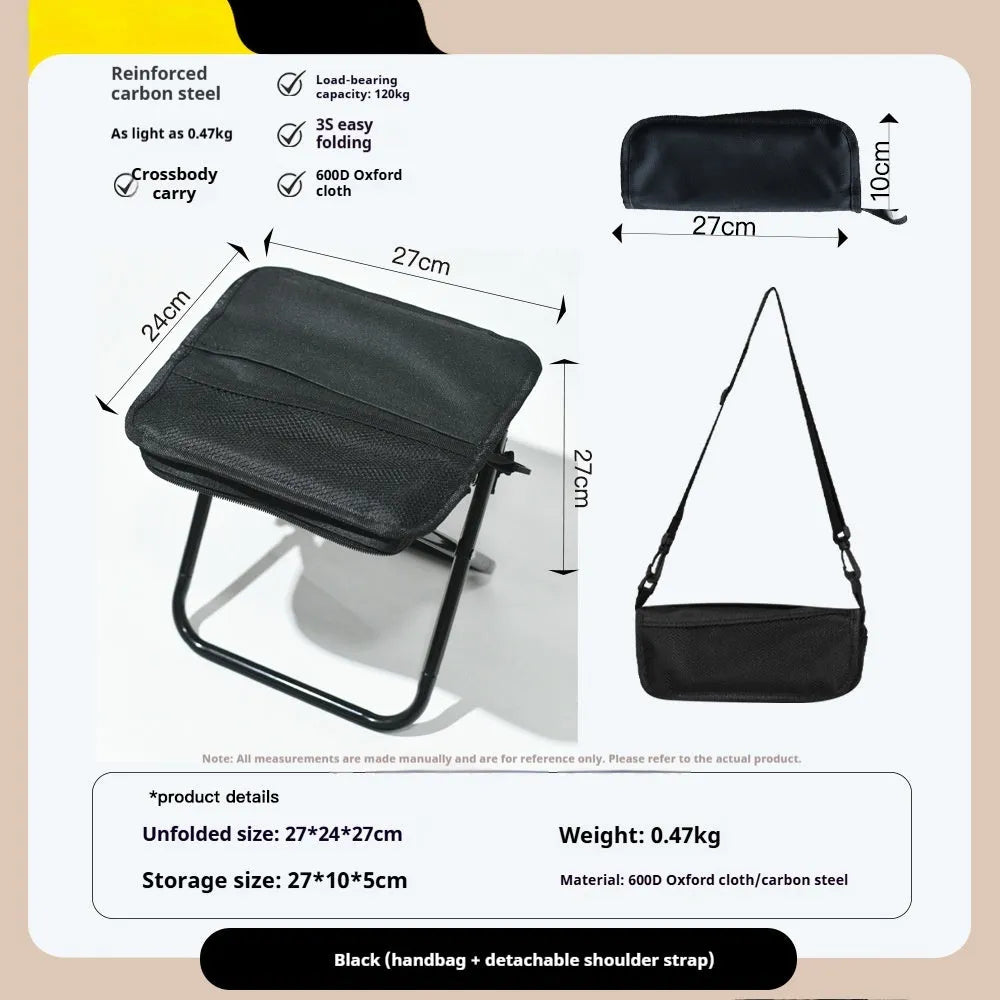 A folded lightweight camp stool with an Oxford cloth seat in a choice of colours.