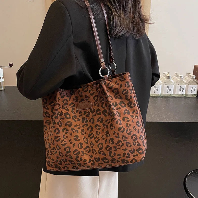 Leopard print suede shoulder bag with double straps, horizontal square shape, coffee and brown colour options