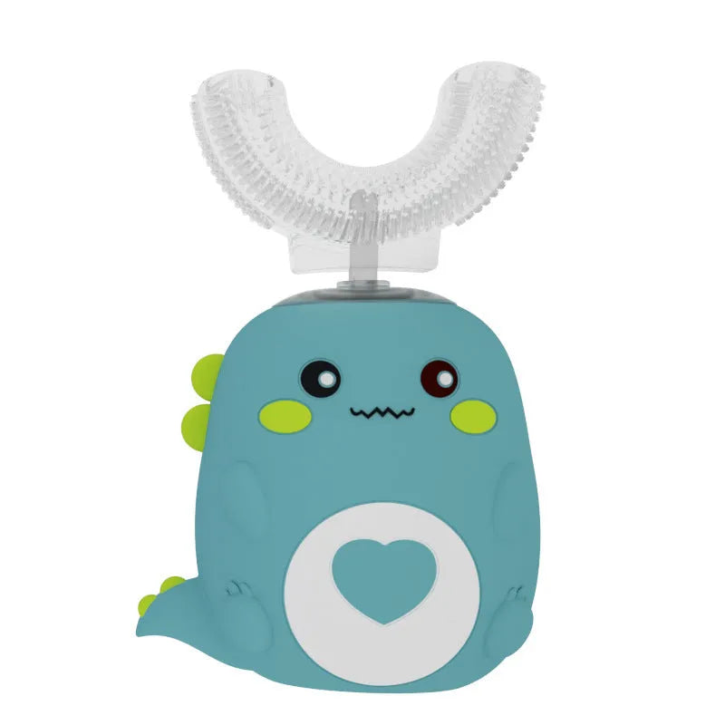 Children's electric toothbrush with food grade silicone U-shaped head, 360 degree automatic cleaning, USB charging, available in Little Dinosaur Pink, Blue, Green