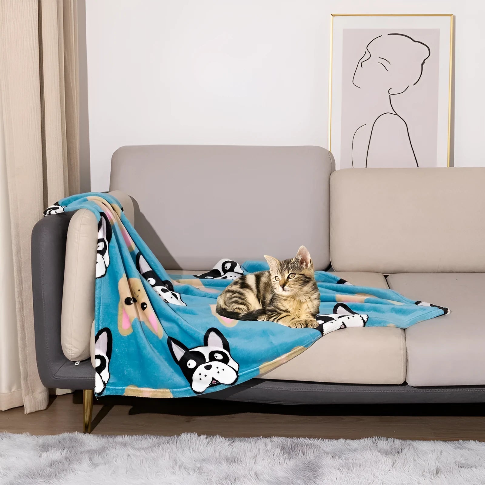 Blue Dog pattern double-sided flannel pet blanket folded to show size and cartoon design.